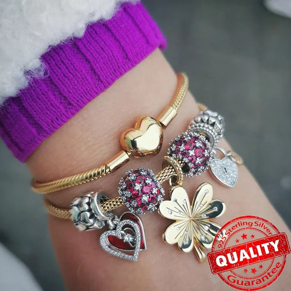 925 Sterling Silver Gold Heart and Maple Leaf Charms Sparkling Zircon Pendant for Women DIY Bracelet Fine Jewelry Gift