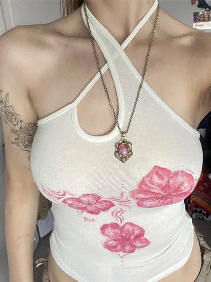 Y2K Vintage Floral Halter Crop Top For Women Harajuku Style