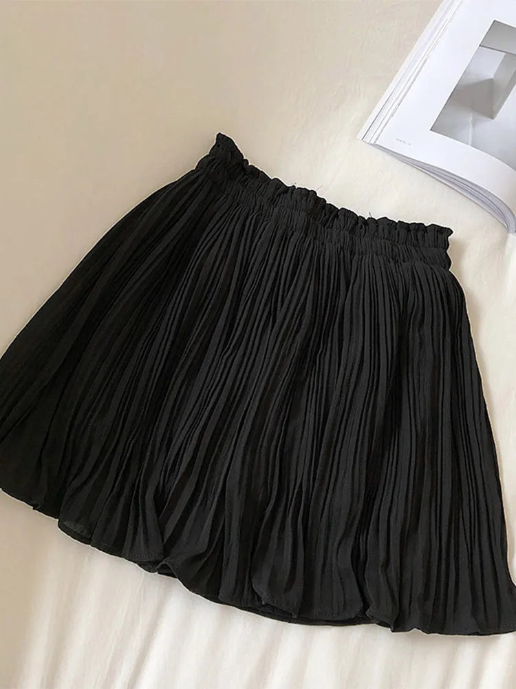 Chiffon Pleated Mini Skirt Elastic Waist Korean Beach 2025