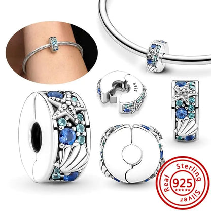 925 Sterling Silver Blue Zircon Feather Crown Stars Moon Charm Beads for Bracelet RS032 3mm-4mm