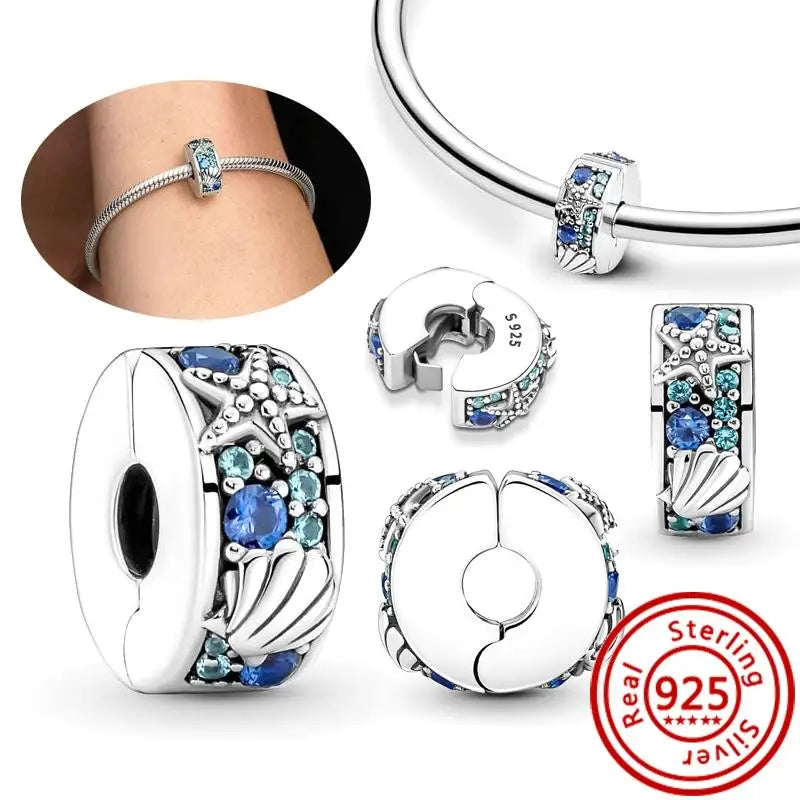 Sterling Silver Blue Zircon Feather Crown Moon Pendant Charm Bracelet Beads RS032 3mm-4mm