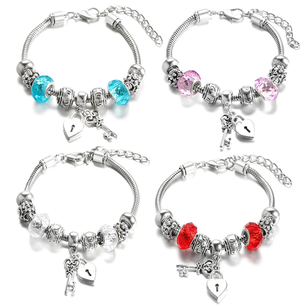 Elegant Heart Lock Charm Beaded Bangle Adjustable Snake Chain Bracelet for Women