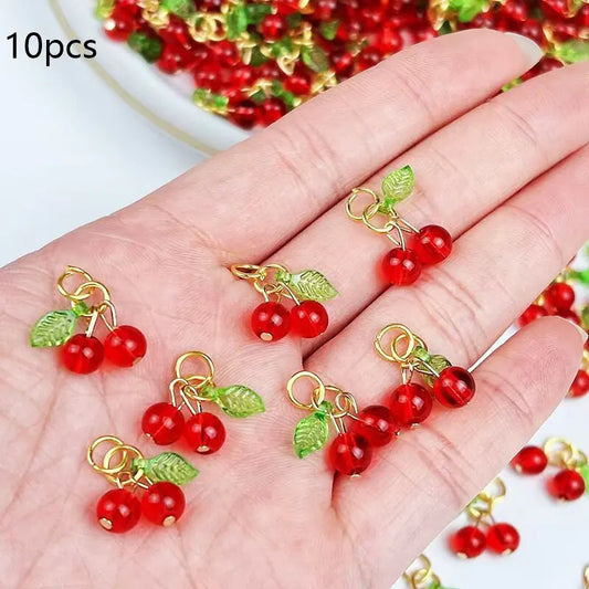 Acrylic Red Cherry Charms 3D Fruit Pendants for DIY Jewelry Making 18mm 10-Pack