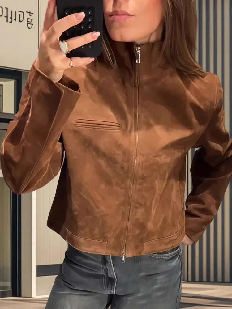 Brown Suede Stand Collar Short Jacket Zip Y2K Long Sleeve