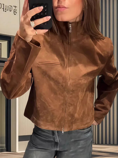 Brown Suede Stand Collar Short Jacket Zip Y2K Long Sleeve