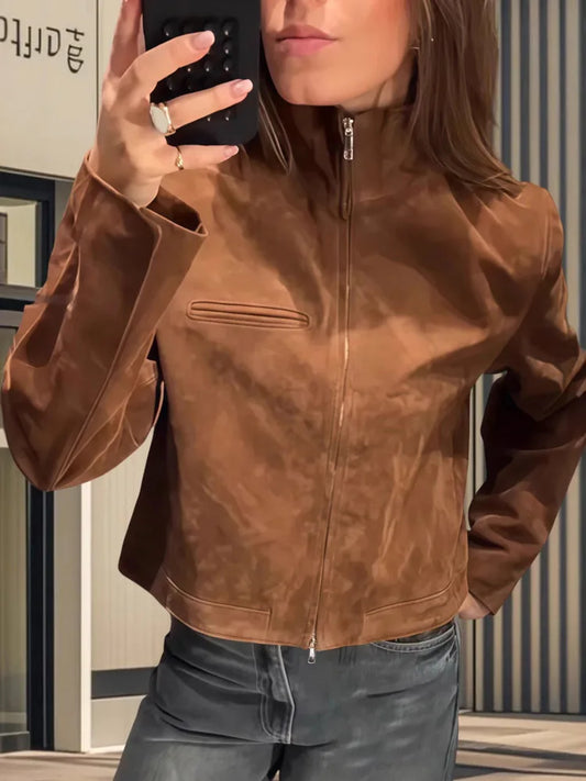 Brown Suede Stand Collar Short Jacket Zip Y2K Long Sleeve
