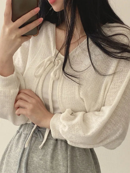 White Knit Cardigan Summer Sunscreen Korean Lantern Sleeve