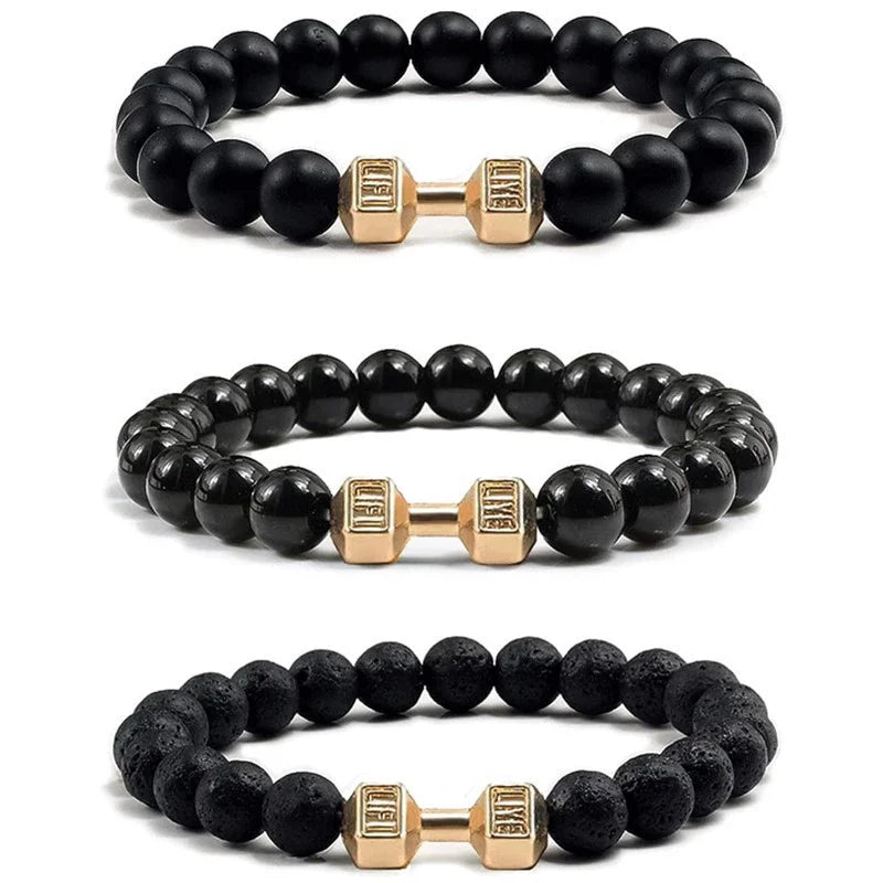 Vintage Men's Natural Stone Bead Bracelet With Dumbbell Pendant