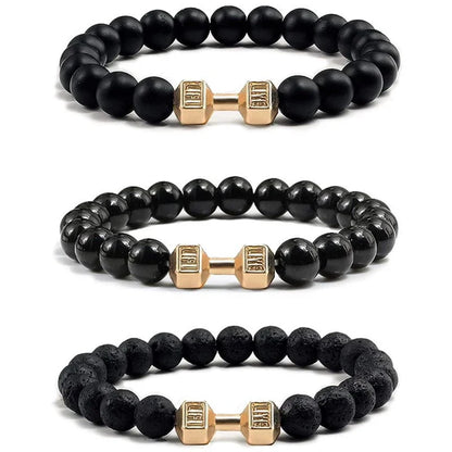 Vintage Men's Natural Stone Bead Bracelet With Dumbbell Pendant