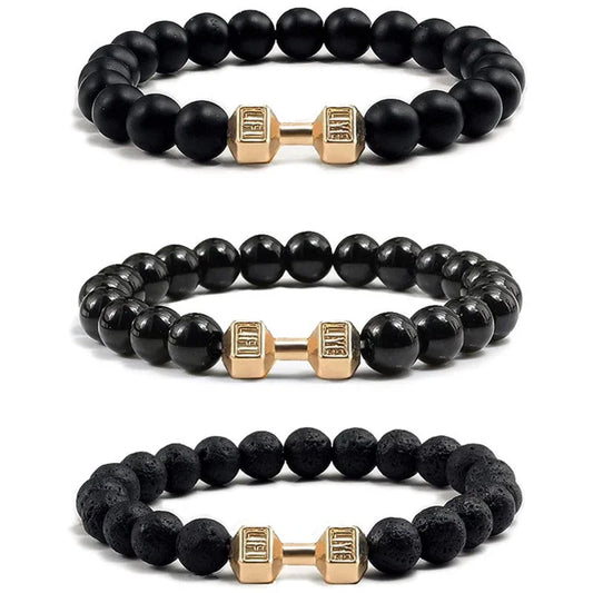 Vintage Men's Natural Stone Bead Bracelet With Dumbbell Pendant