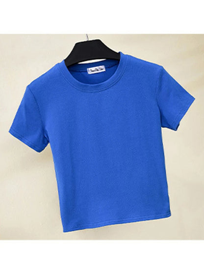 Dozw Women Cotton Crop Top O Neck Short Sleeve Slim Fit Tee