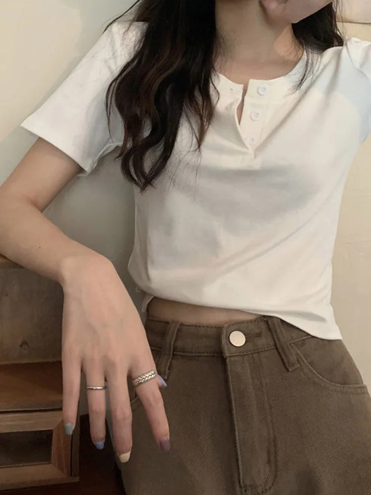 Women Open Button Crop Tee Shirt V Neck Short Sleeve