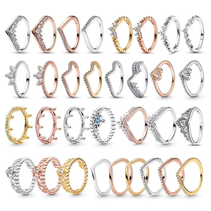 Crown 925 Sterling Silver Stackable Ring with Shiny Rose Gold Zircon for Women Elegant Fashion Jewelry PAR351