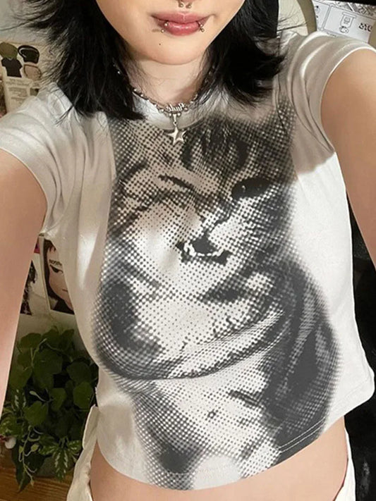 Harajuku Animal Print Crop Top White Slim Crewneck Vintage