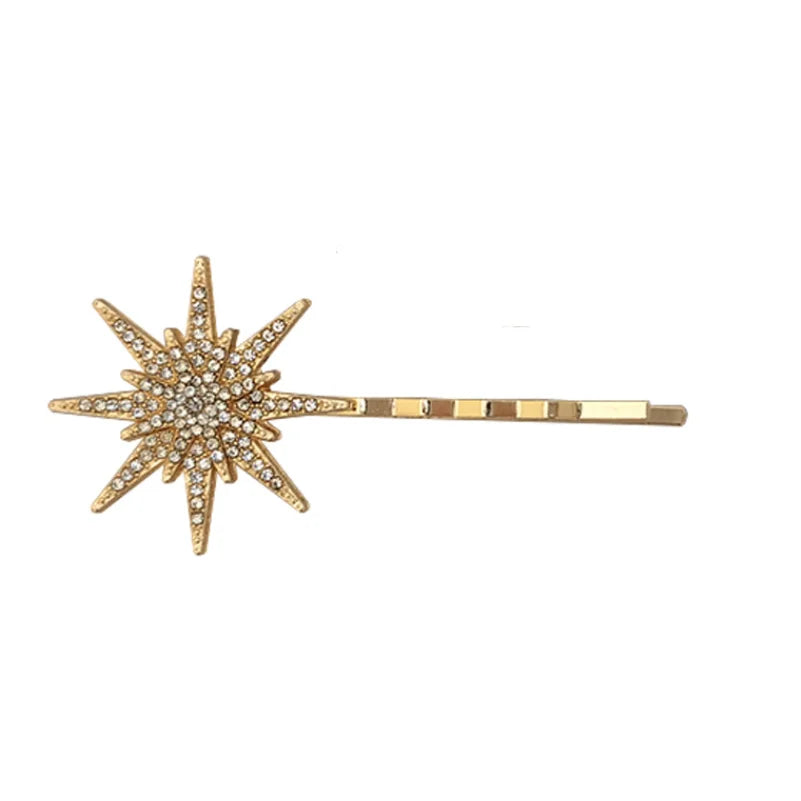Starry Glam Hair Clip Set - Crystal Side Pins with Rhinestones Gold Star Big