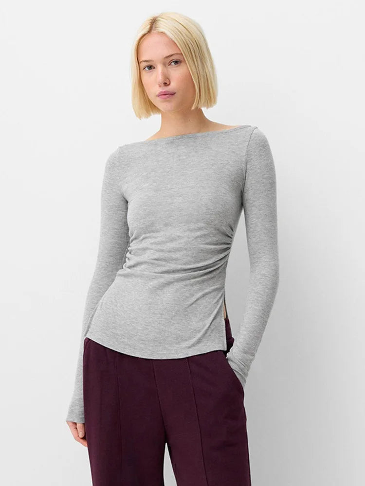 Wine Red Slim Split Crop Long Sleeve Tee Y2K Streetwear