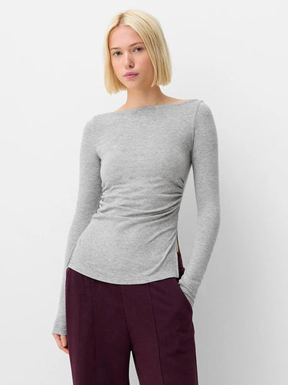 Wine Red Slim Split Crop Long Sleeve Tee Y2K Streetwear