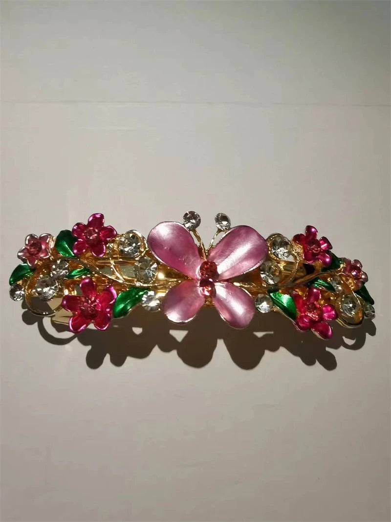 Elegant Red Crystal Flower Bow Hairpin With Vintage Blue Rhinestones