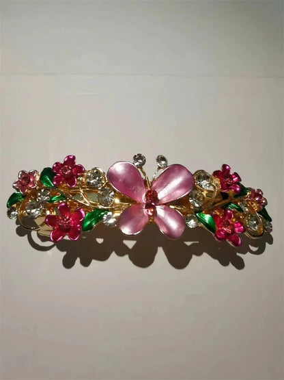 Elegant Red Crystal Flower Bow Hairpin With Vintage Blue Rhinestones