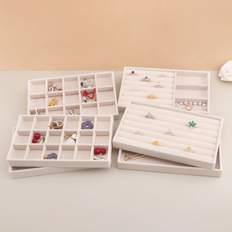Velvet Jewelry Tray Stackable Beige Storage for Rings and Earrings