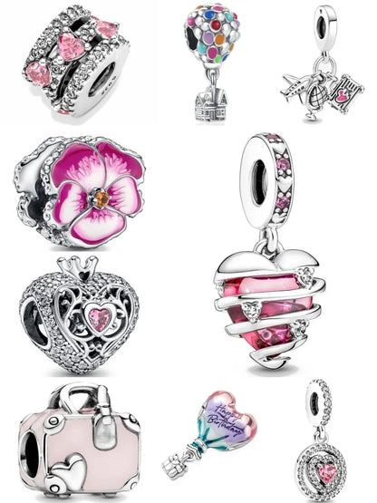 Spring Pink Flower Charms 925 Silver Beads for European Bracelets and Necklaces Jewelry Gift for Best Friends and Moms