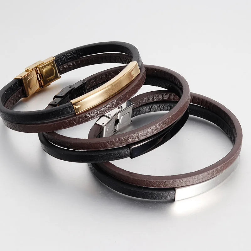 Luxury Men's Leather Bracelet Hand-Woven Multilayer Vintage Bangle with Stainless Steel Clasp