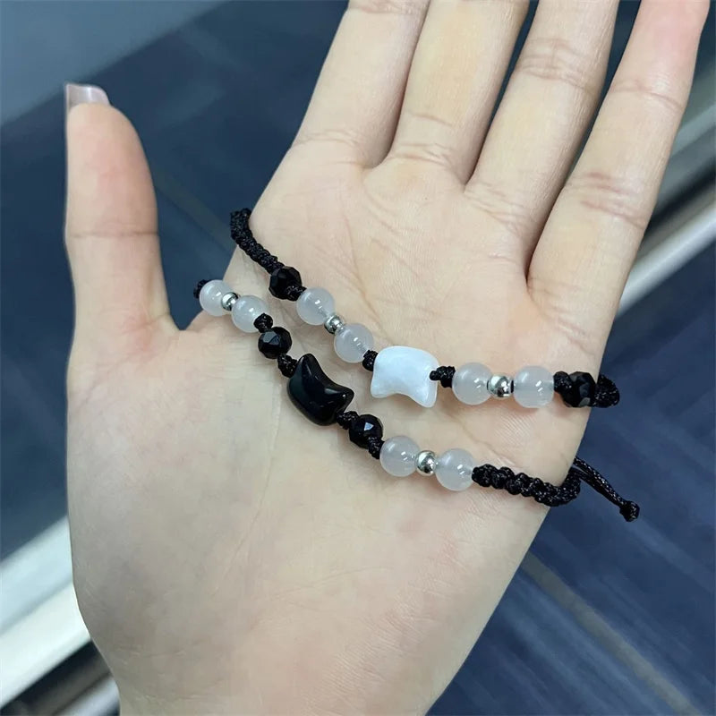 Moonstone and Obsidian Cat Bracelets Set for Couples - Minimalist Handmade Party Jewelry Gift