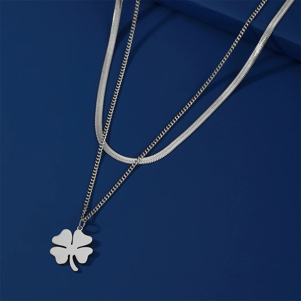 Cazador 2025 Lucky Clover Pendant Necklace Gold Color Double Layer Stainless Steel Jewelry for Women and Girls