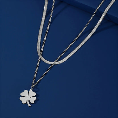 Cazador 2025 Lucky Clover Pendant Necklace Gold Color Double Layer Stainless Steel Jewelry for Women and Girls