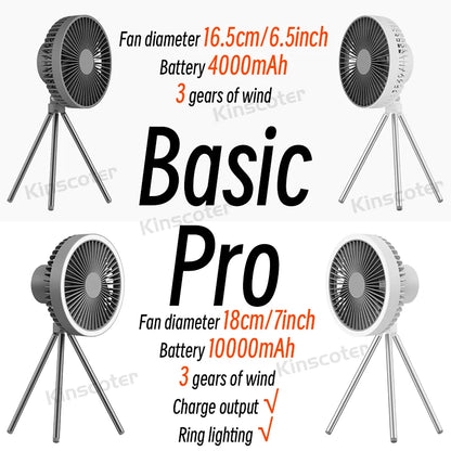 Rechargeable Portable Camping Fan with 10000mAh Power Bank and LED Light