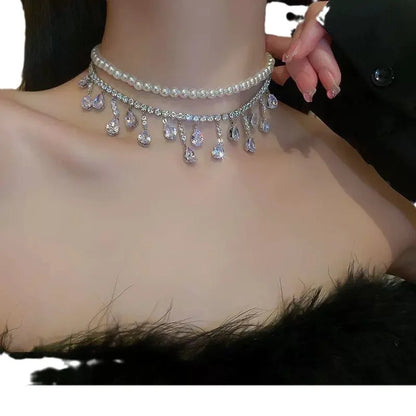 Crystal Water Drop Pendant Necklace for Women with Pearl Collarbone Chain