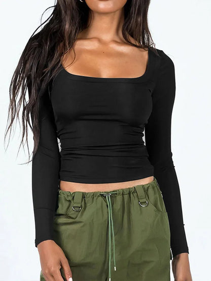 Dozw Women Square Neck Long Sleeve Top Solid Color Casual