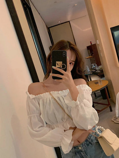 Off Shoulder White Crop Top With Puff Long Sleeve Ruffles