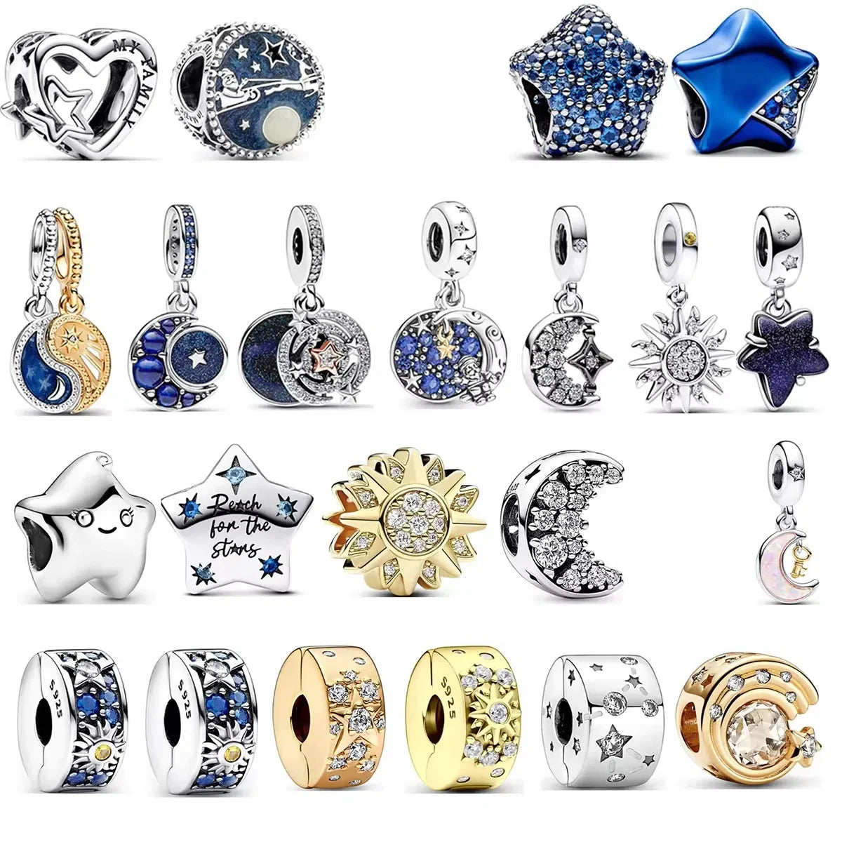 925 Sterling Silver Blue Star Gold Sun Pink Moon Zircon Beads Charms for DIY Jewelry Gifts
