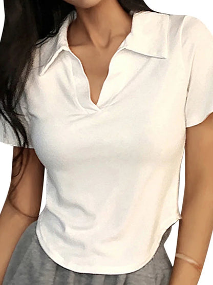 Women Summer Crop V Neck Slim Short Sleeve Knit Top