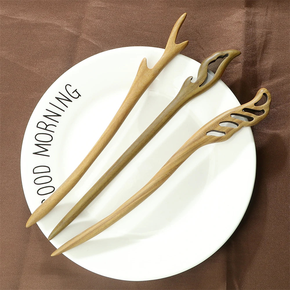 Vintage Green Sandalwood Hair Stick Chinese Style Natural Wood Hairpin Jewelry