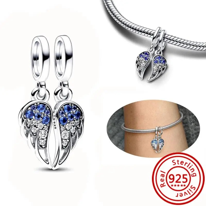 925 Sterling Silver Blue Zircon Feather Crown Stars Moon Charm Beads for Bracelet H365 3mm-4mm