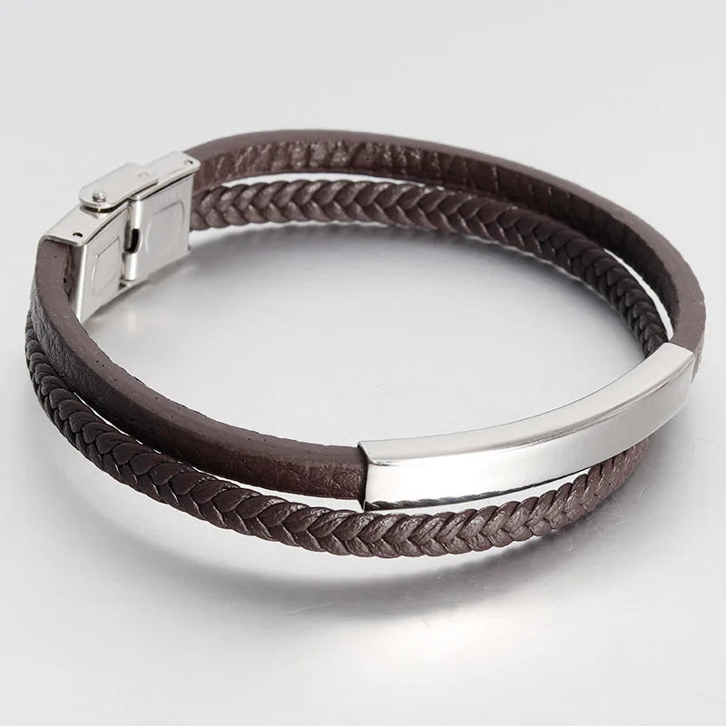 Luxury Men's Leather Bracelet Hand-Woven Multilayer Vintage Bangle with Stainless Steel Clasp