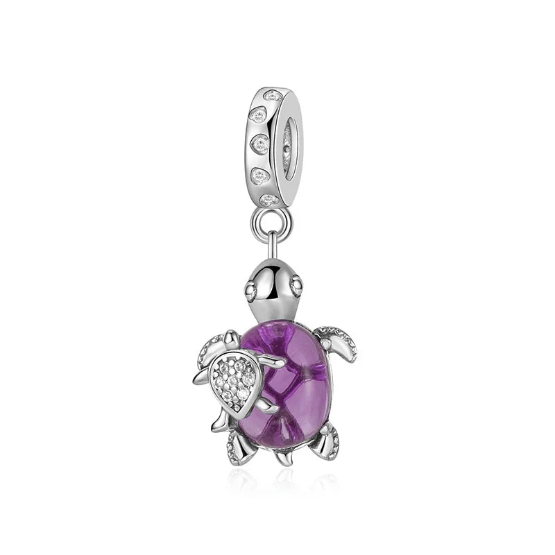 Summer Murano Glass Sea Turtle Dangle Charm Colorful Crystal Zircon Pendant 925 Sterling Silver Fine Jewelry for Original Bracelets