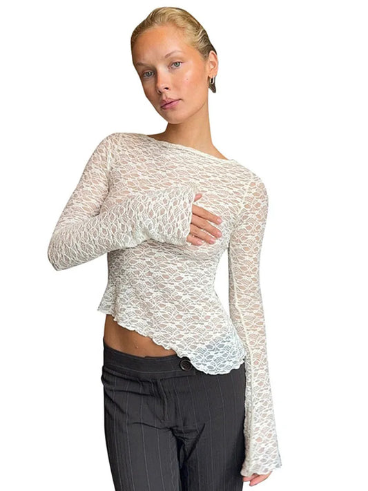 2025 Spring Summer Women Lace Slant Hem Long Sleeve Top
