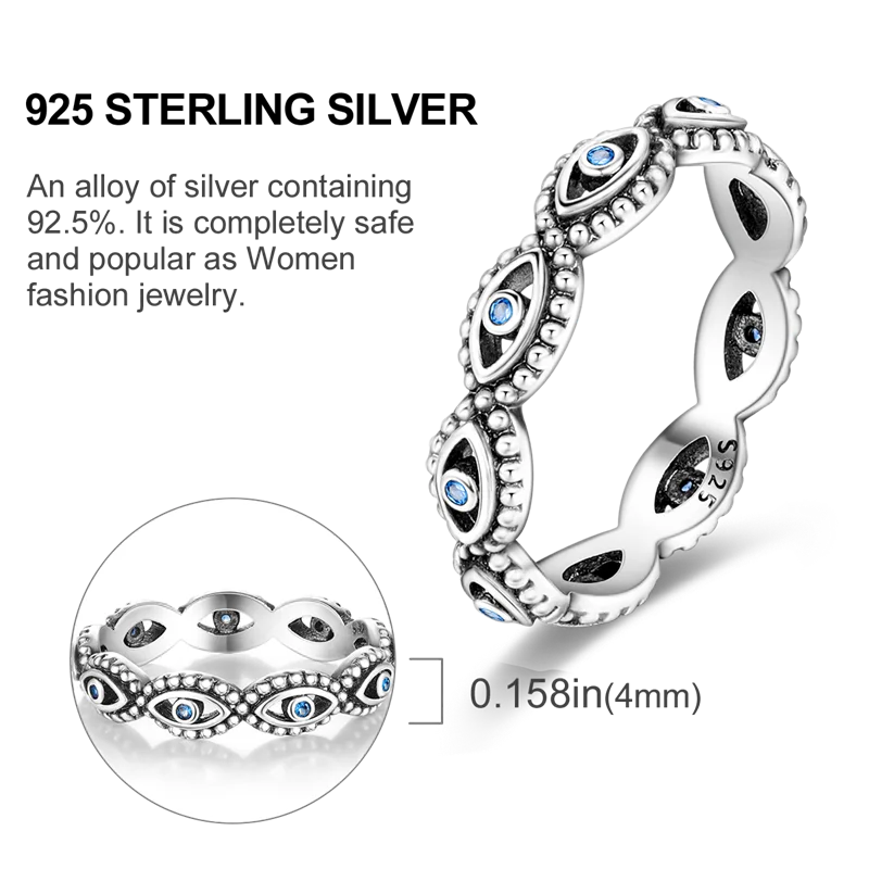 Blue Zircon Ring for Women in 925 Sterling Silver with Sparkling Evil Eye Palm Star Moon Design Fine Wedding Jewelry Gift LKTR272