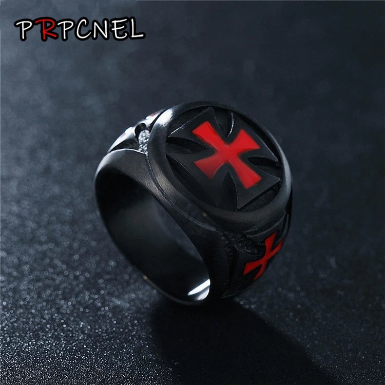 Men's Stainless Steel Black Ring with Red Armor Shield and Crusader Cross Design