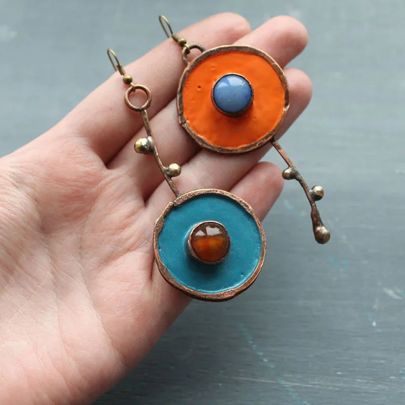 Asymmetric Bronze Red Blue Stone Drop Earrings for Women - Ethnic Statement Jewelry Gift