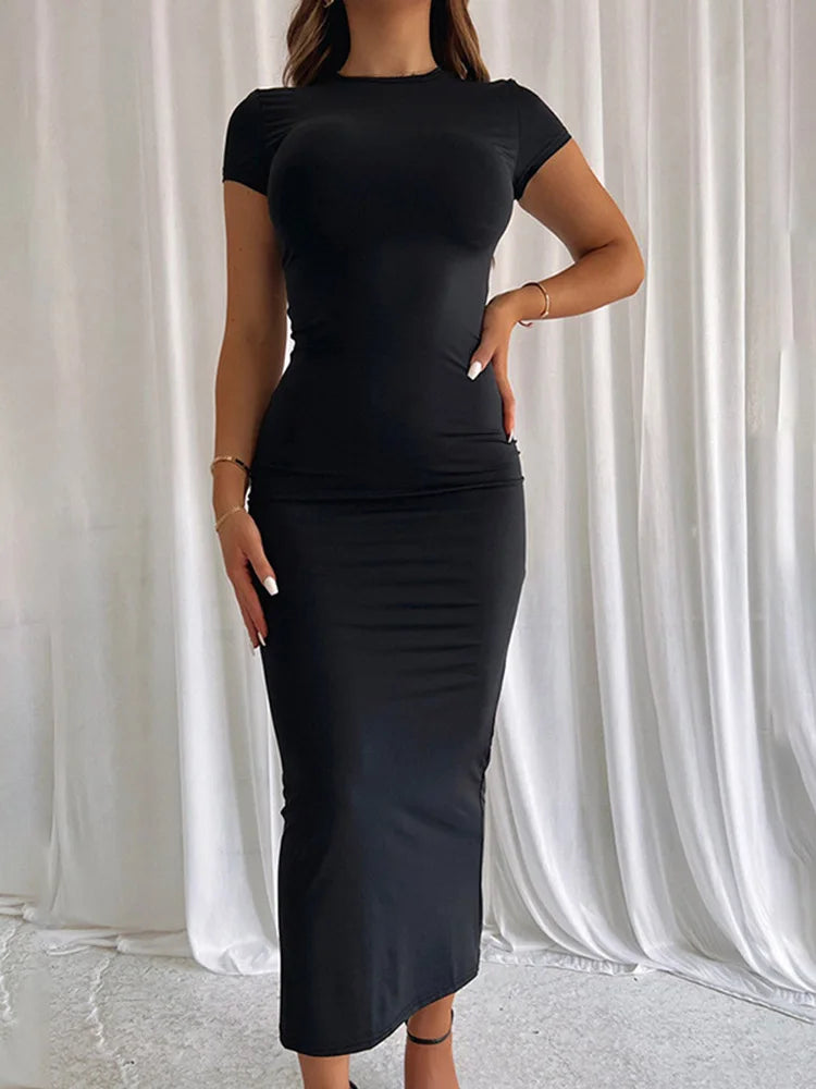 2025 Women Solid Color Slim Short Sleeve Casual Maxi Dress