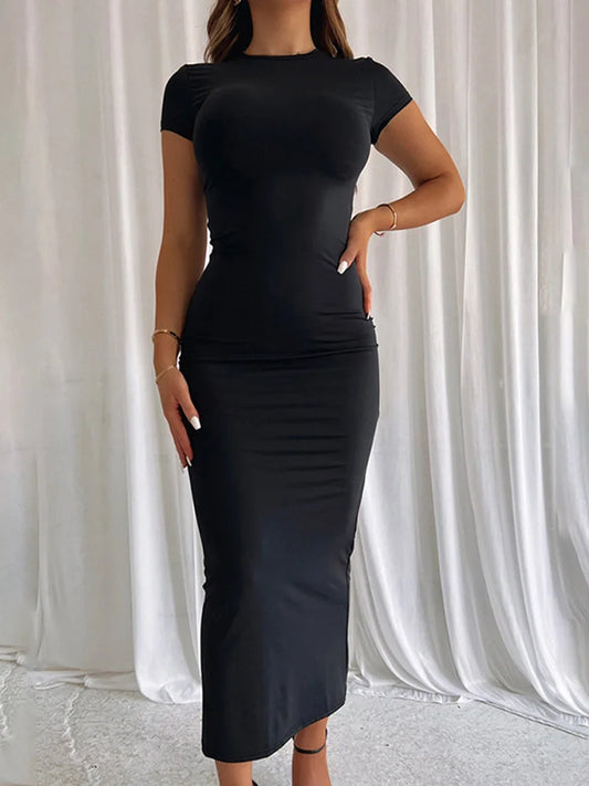 2025 Women Solid Color Slim Short Sleeve Casual Maxi Dress