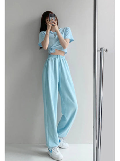 Korean White Blue High Waist Loose Drawstring Harem Pants