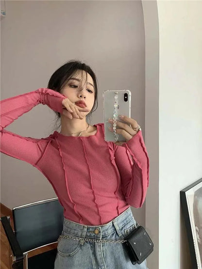 Long Sleeve T-shirts Women Spring Solid O-Neck Elegant Bright Line Decoration Slim Casual Soft High Quality Ladies Clothing Tees
