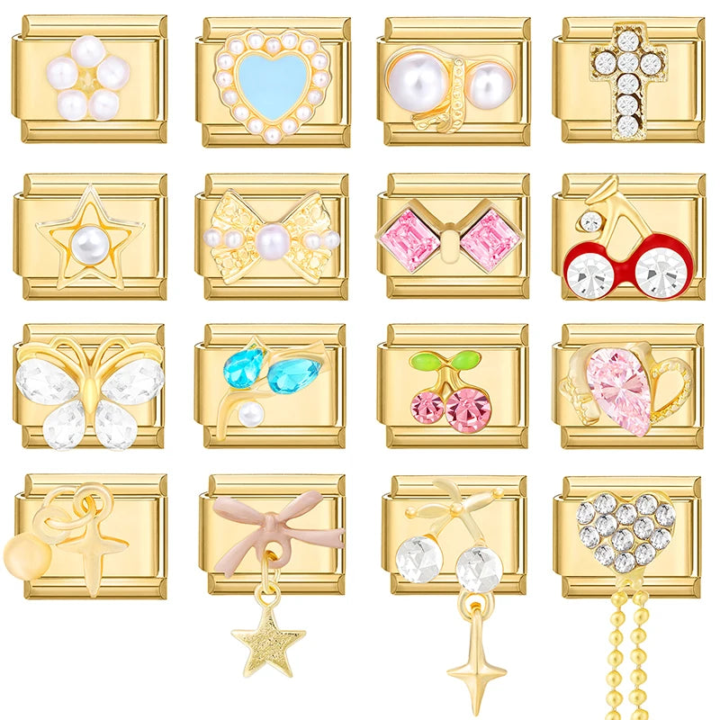 Golden 3D Bow Crown Flowers Pearl Charms for 9mm Italian Bracelet Stainless Steel DIY Jewelry