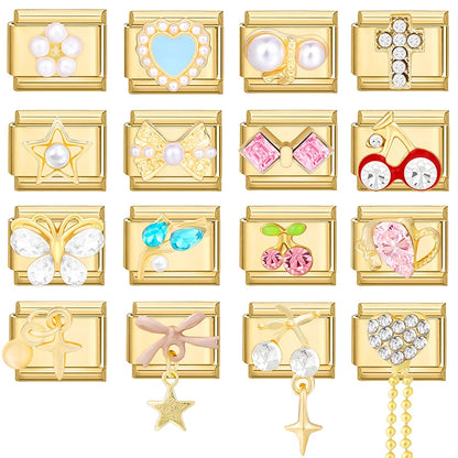Golden 3D Bow Crown Flowers Pearl Charms for 9mm Italian Bracelet Stainless Steel DIY Jewelry