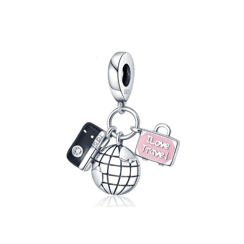 925 Silver Travel Globe Airplane Charm For Bracelet